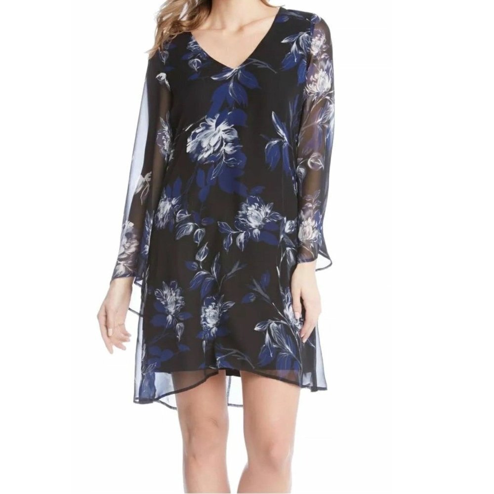 Karen Kane Midnight Sun Chiffon Dress Sheer Lined Blue Floral Dress Size S